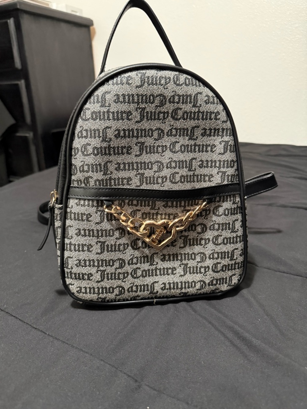 Juicy Couture Black & Gray Logo Backpack with Gold Heart Chain